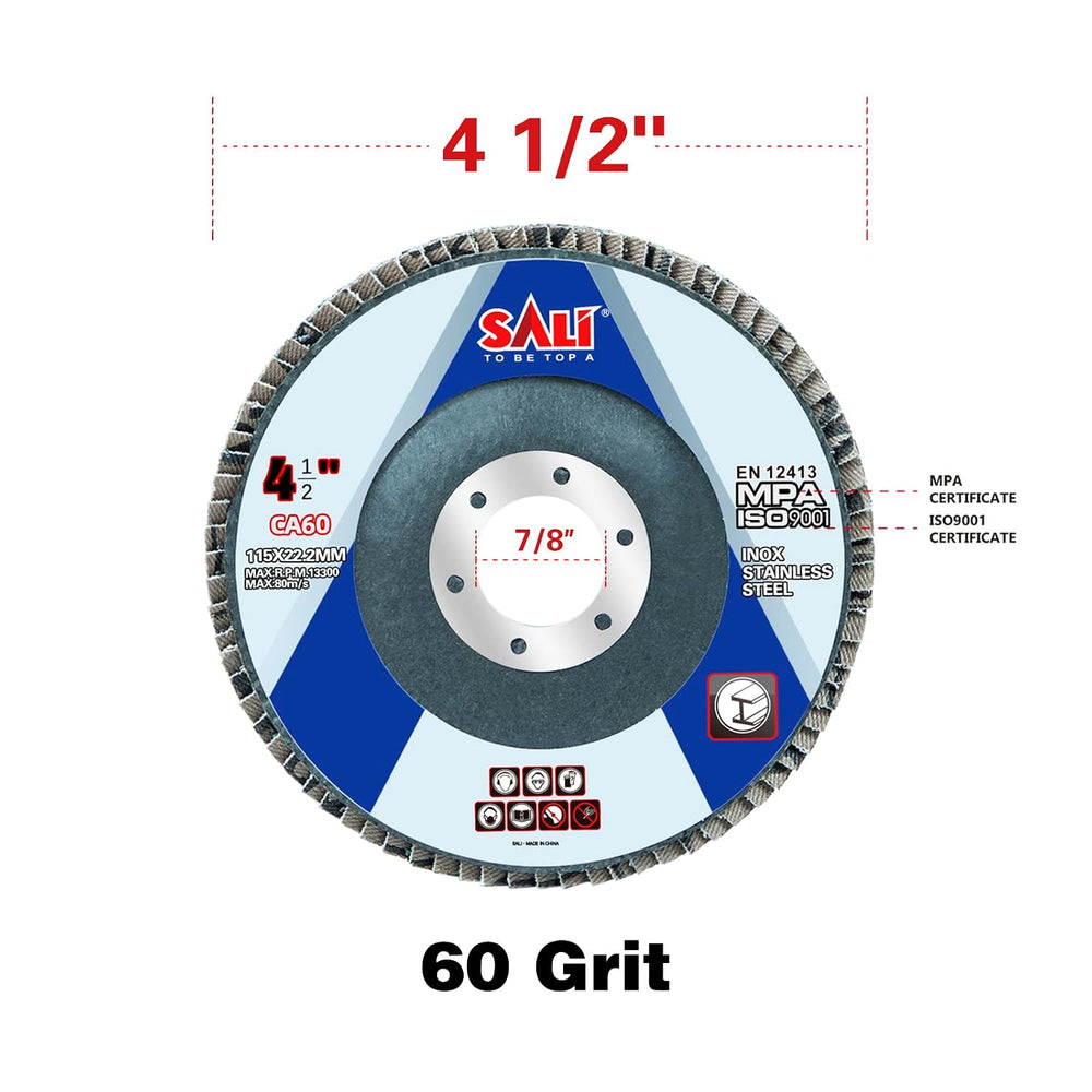 Sali 100 Pack Flap Disc 60 Grit 4.5" x 7/8-Inch Sanding Disc Bevel Type ...