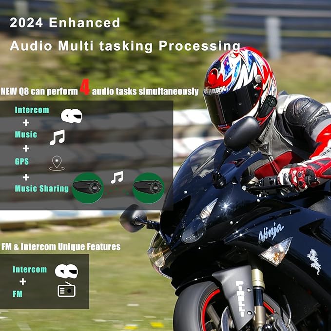 Q8 Motorcycle Helmet Bluetooth Intercom Headset, 230hours Standby, 6 Riders