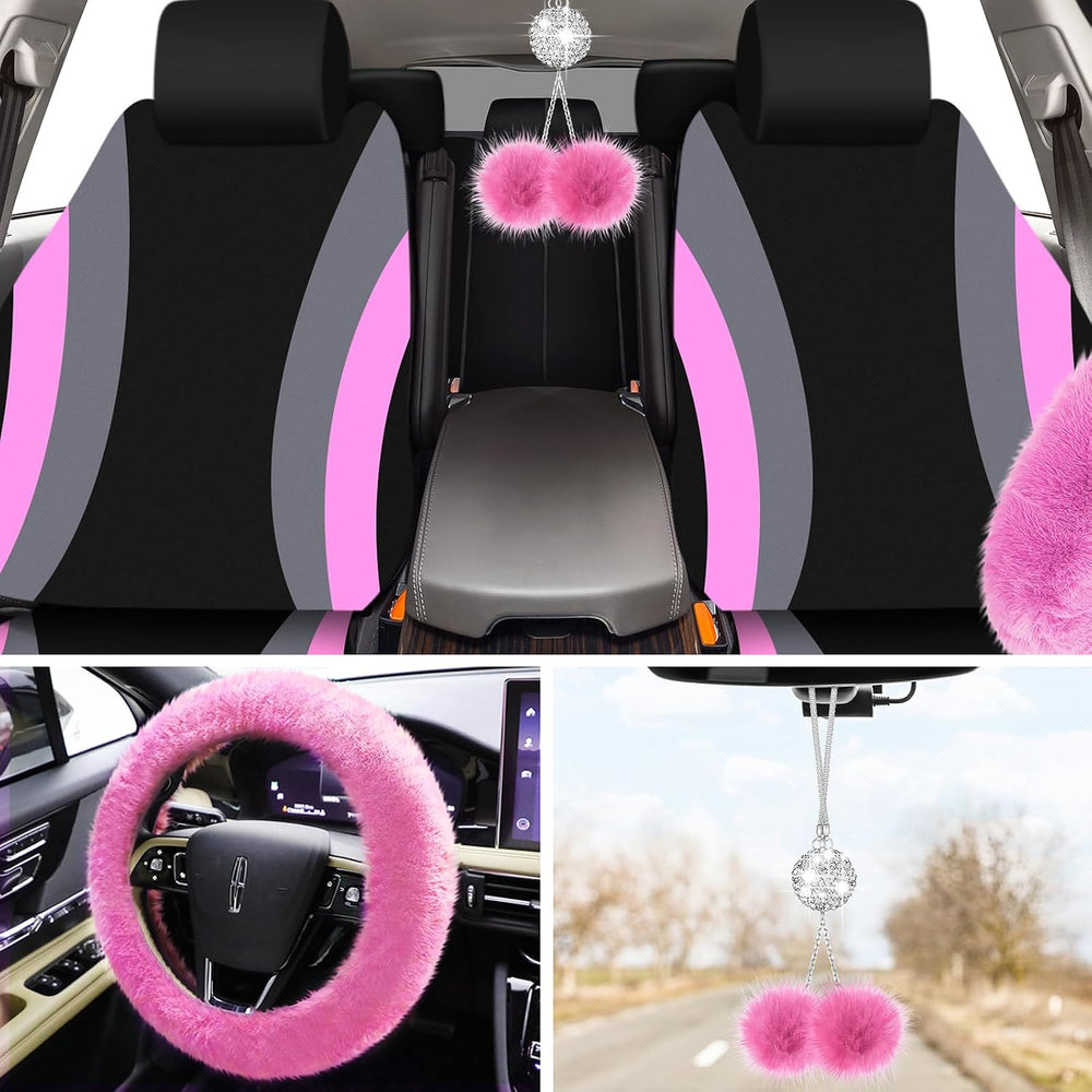 ROCEEI 43 Pcs Fuzzy Car Seat Cover Full Set Pink, Gray, Black