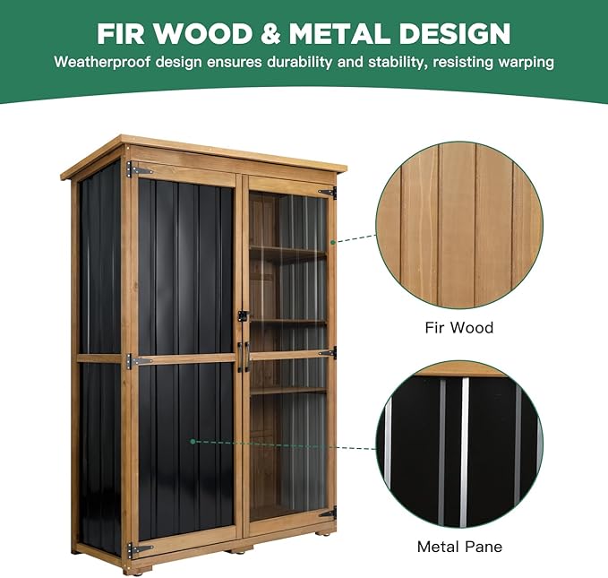 Outdoor Storage Cabinet Wood & Metal, Storage Shed Waterproof Double Lock