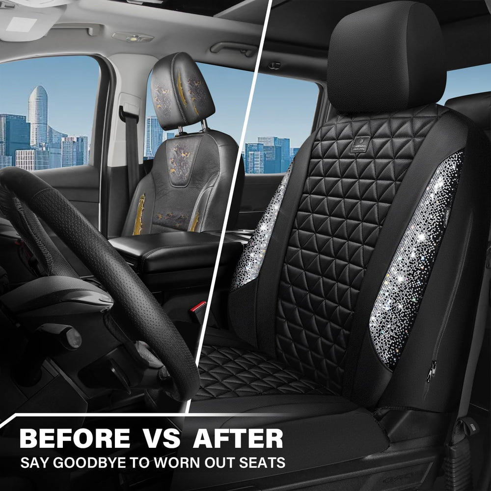 CAR PASS Bling Diamond Leather Car Seat Covers for 2 Front Interior Sets, Wat...