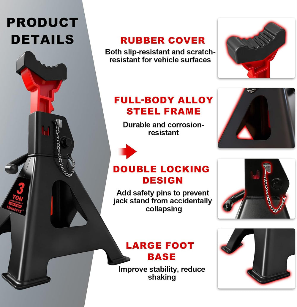 3 Ton (6,600 LBs) Jack Stands with Double Pin Locking,Rubber Cover and Large ...