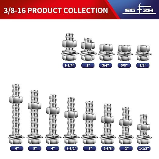 3/8-16 x 6" Hex Head Screw Bolt, Flat & Lock Washers, Fully Threaded...