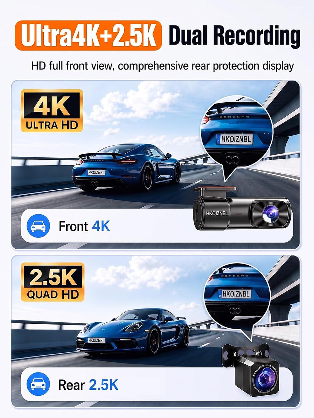 HKOIZBL 4K+2.5K Dash Cam Front and Rear, 2CH dashcam Free 32GB with WiFi