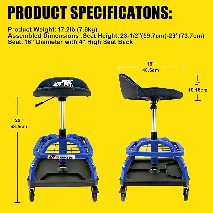 Rolling Shop Stool with Wheels, Garage Work Mechanic Stool with Backrest