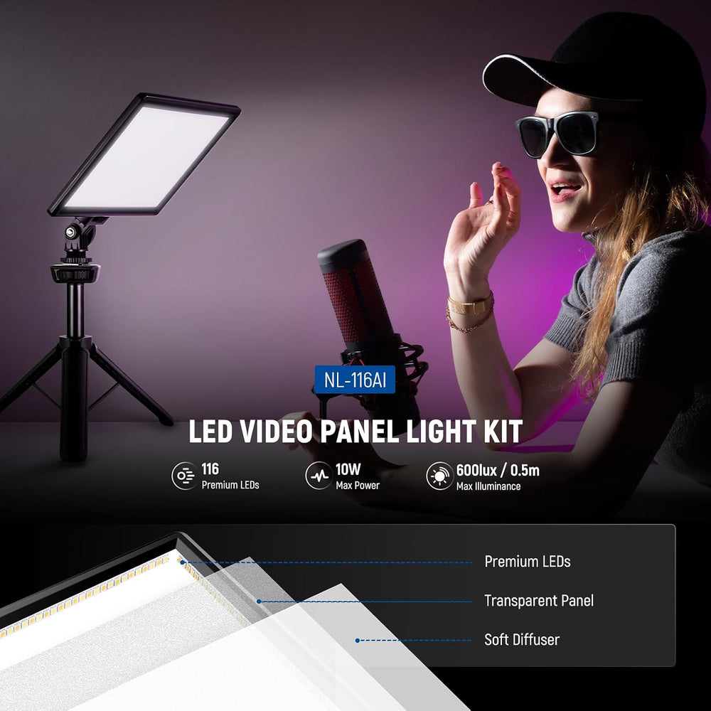 NEEWER NL-116AI 9" LED Video Light Panel, Camera Lighting with Desk Tripod