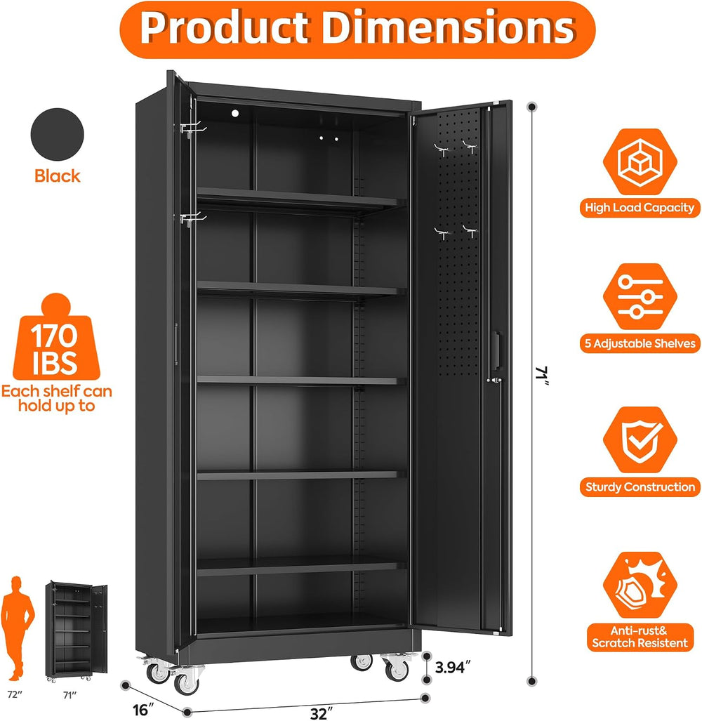 71" Metal Storage Cabinet with Wheels, 5 Adjustable Shelves, Black