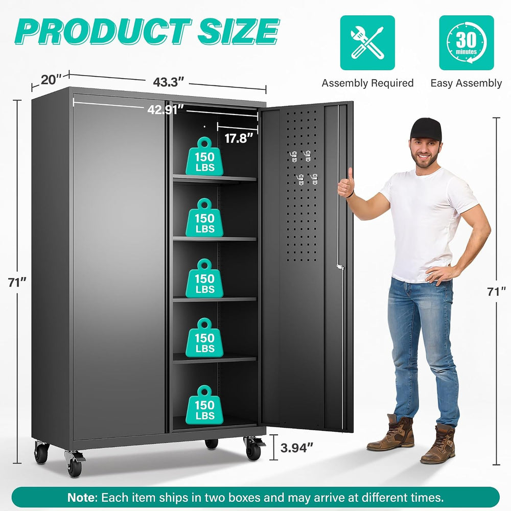 Wide & Deep Metal Storage Cabinet with Wheels,Tall Rolling Garage Storage...