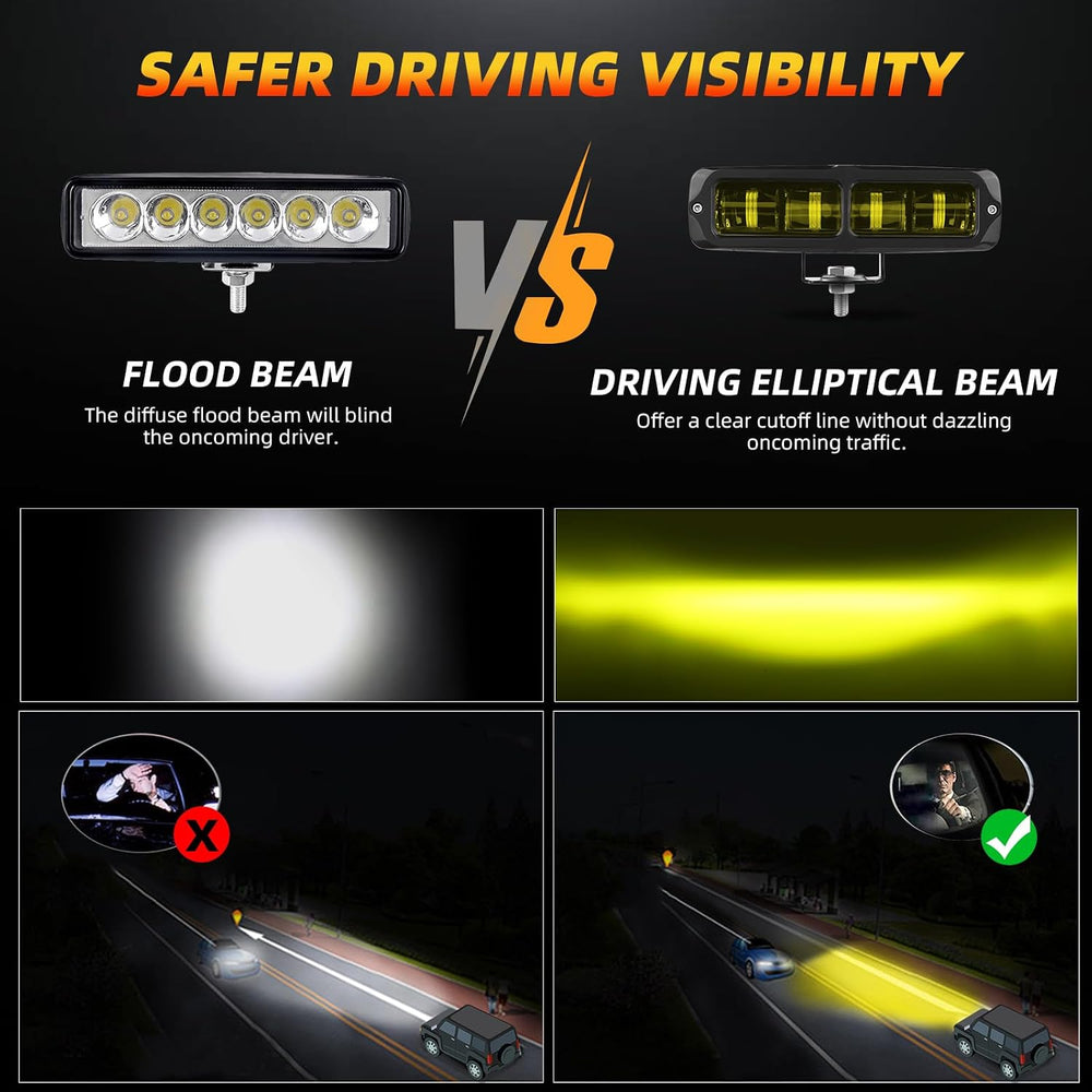 DERI 6 Inch LED Light Bar, 2PCS Yellow Amber 4000K Spot Fog Pods Lights
