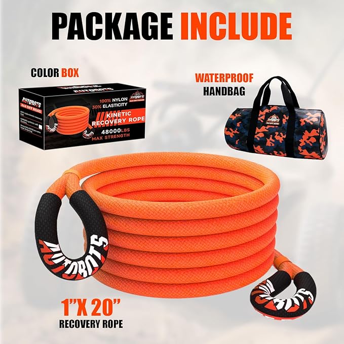 AUTOBOTS 1" x 20'Kinetic Recovery Rope,Heavy Duty Tow Rope Tow Strap
