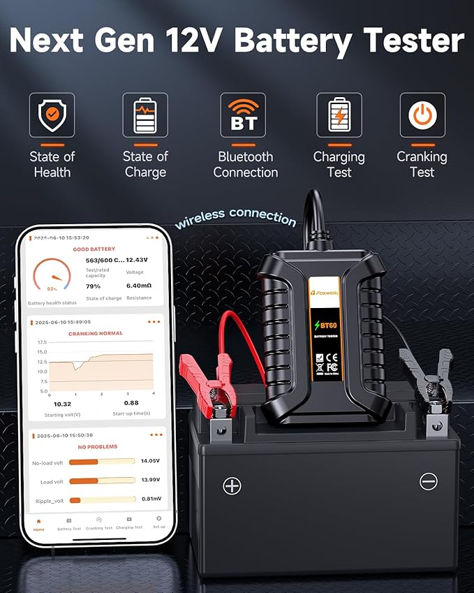 FOXWELL BT60 Car Battery Tester, 12V Bluetooth Battery Load Analyzer via App