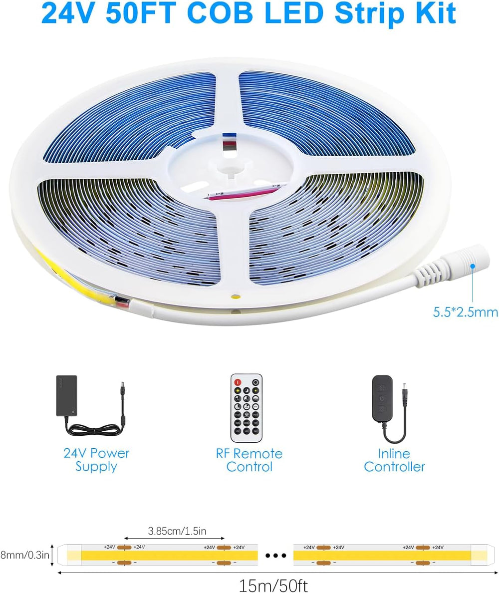 ALITOVE 50FT COB LED Strip Lights 24V with Remote Warm White 3000K Dotless