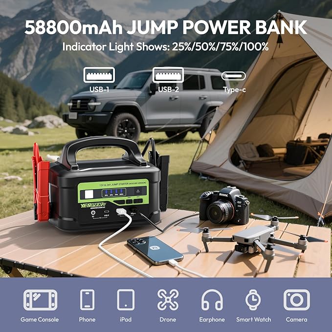 YESPER 6000A Jump Starter with 145W Quick Charge, 12V/24V Heavy Duty Truck