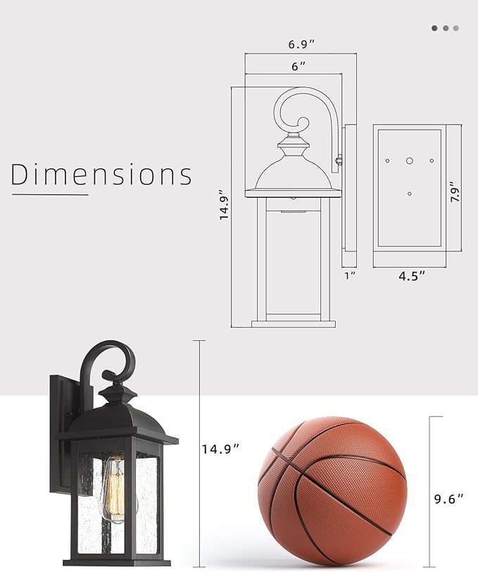 FEMILA Outdoor Wall Sconce, 14.9" Matte Black Seeded Glass Outdoor Sconc...