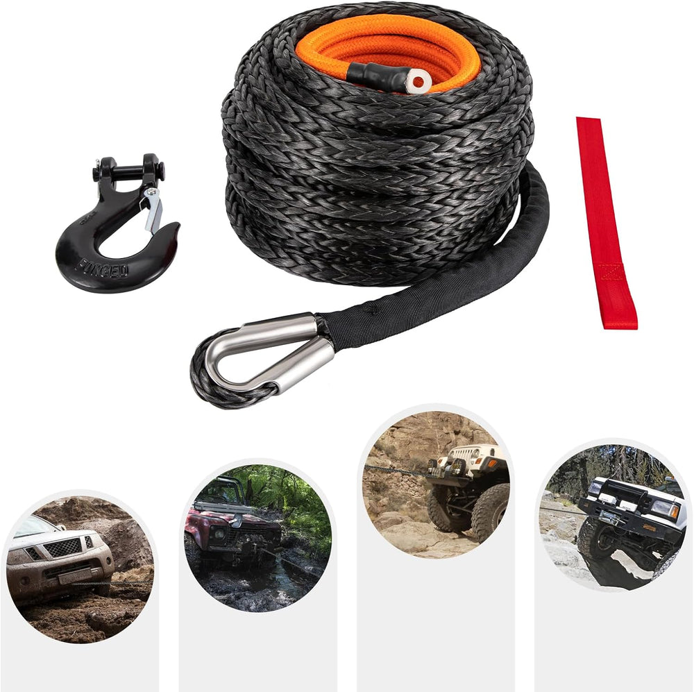 9/16" x76' Synthetic Winch Rope with Hook, Winch Cable with Protecti...