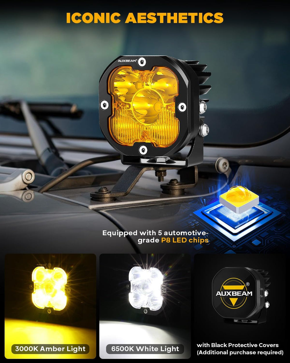 Auxbeam XP-Ultra Series 3-Inch 80W Cube LED Pods with Amber White Covers