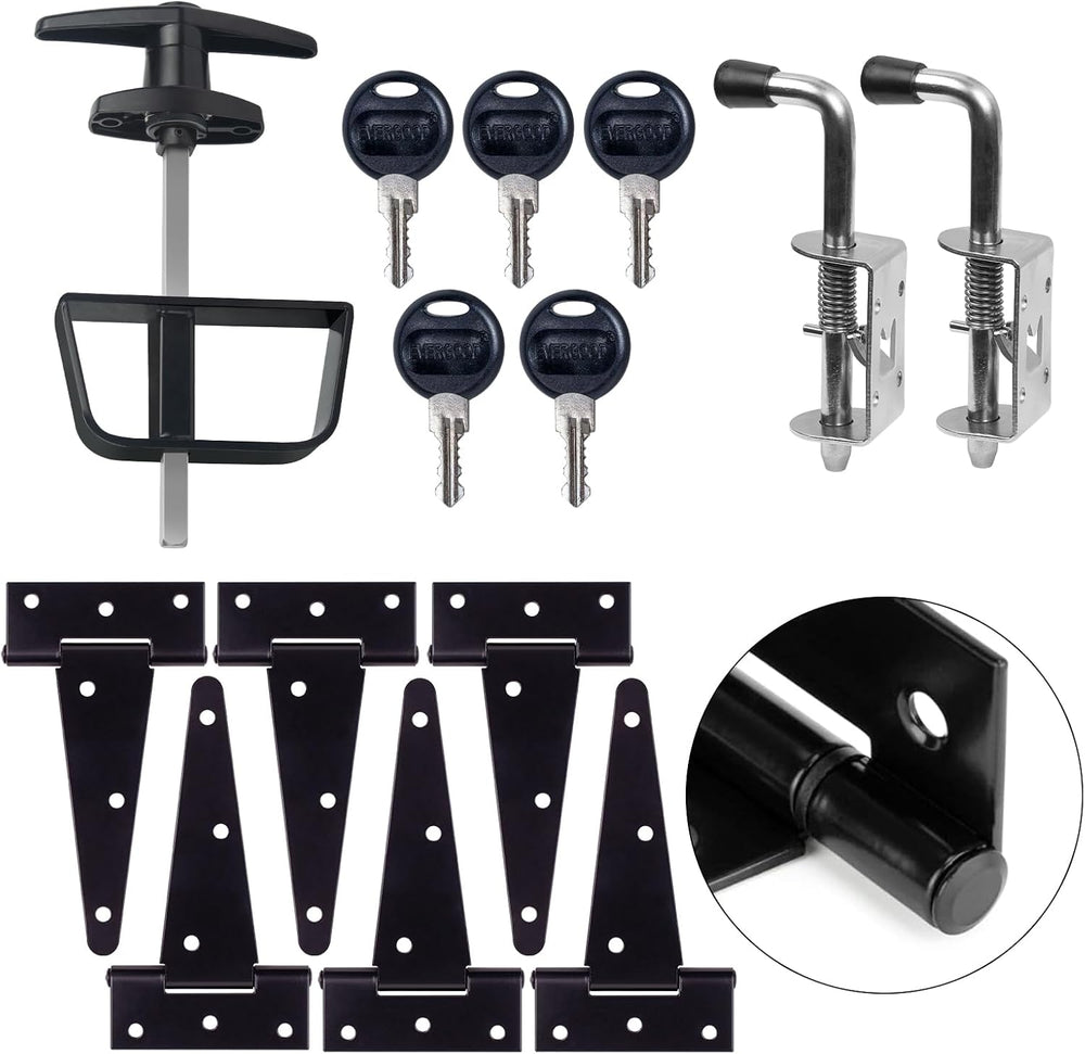 6" Shed Door Hardware Kit with T-Handle Lock & 5 Keys - 6 Hinges, 2 ...