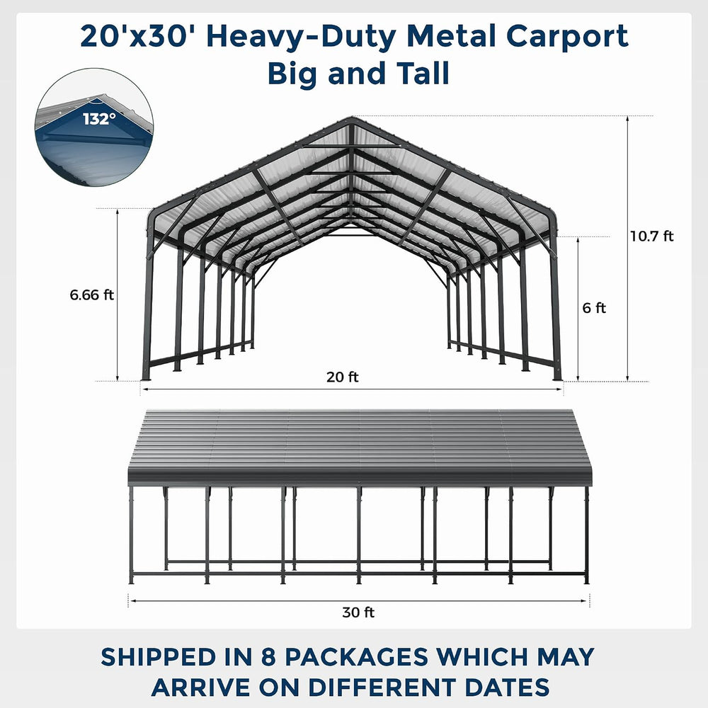 HOMSHADE 20x30FT Heavy Duty Metal Carport with 132°Steep Anti-Pooling Roof