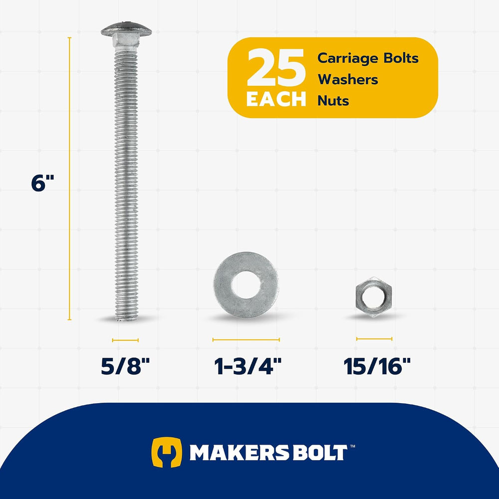 5/8" x 6" (25 pk) Hot Dip Galvanized 307A Carriage Bolt, Washer, Nu...