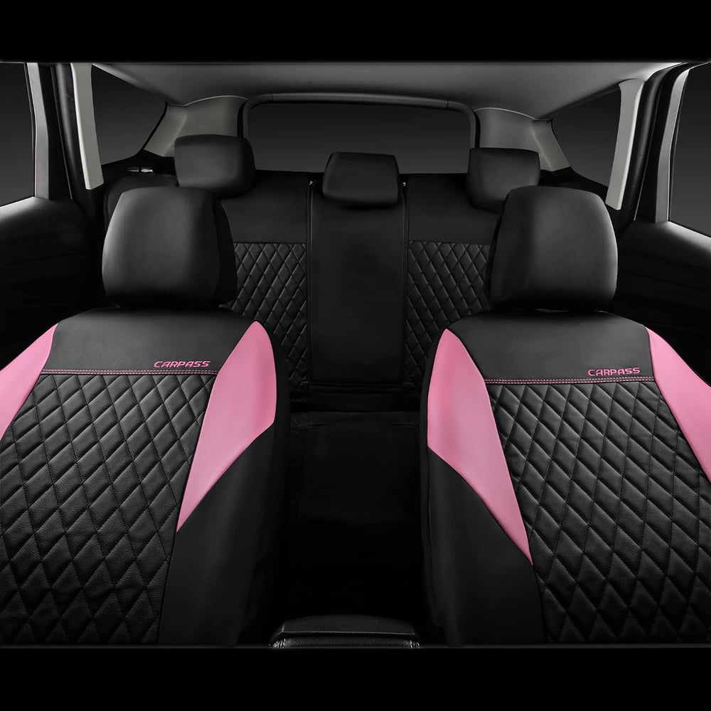 CAR PASS Pink Leather Seat Covers,Girly Quilting Pretty Cute Car Seat Cover w...