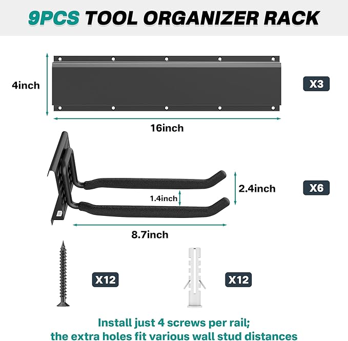 EVERHANGER Garage Tool Storage Organizer, Wall Mount Garden Tool Rack