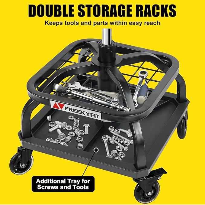 Rolling Shop Stool with Wheels, Garage Work Mechanic Stool with Backrest