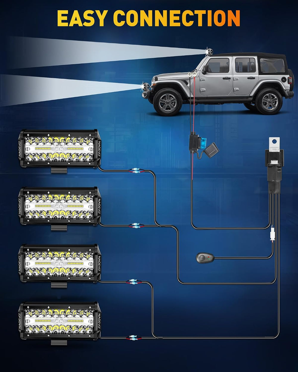 NAOEVO 4 Pcs 7 Inch LED Light Bar with 4 Leads Harness for Trucks, White
