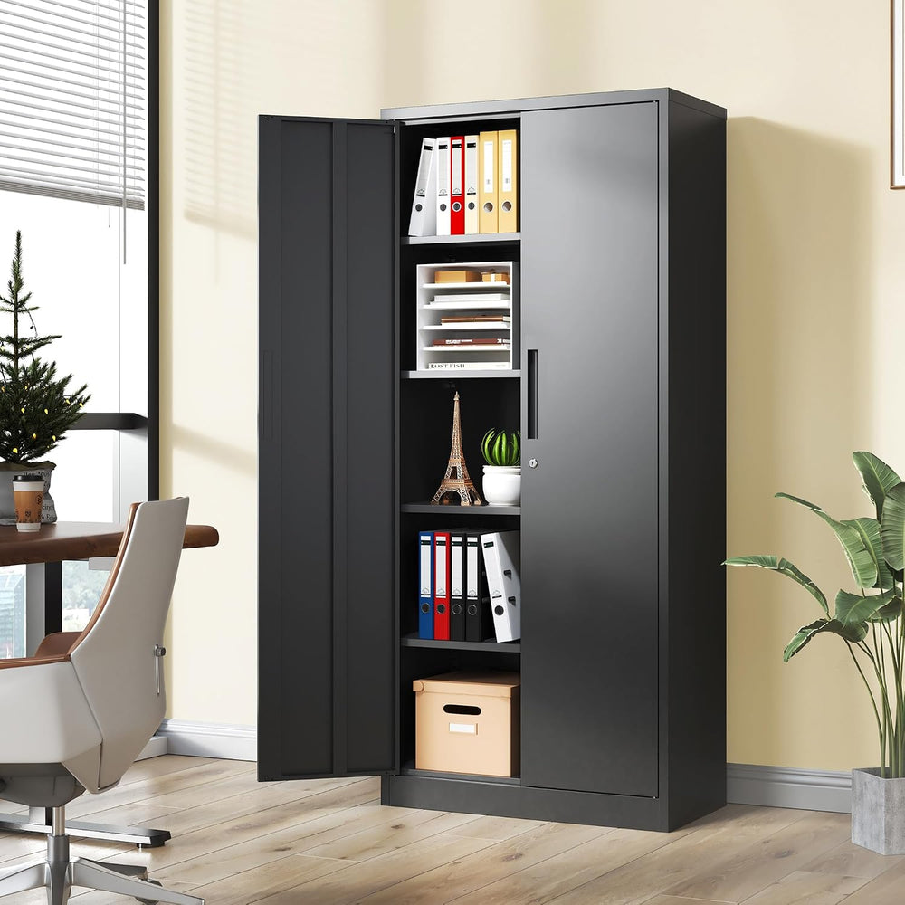 Metal Storage Cabinet with Lock, 71"H Garage Storage Cabinet, Black