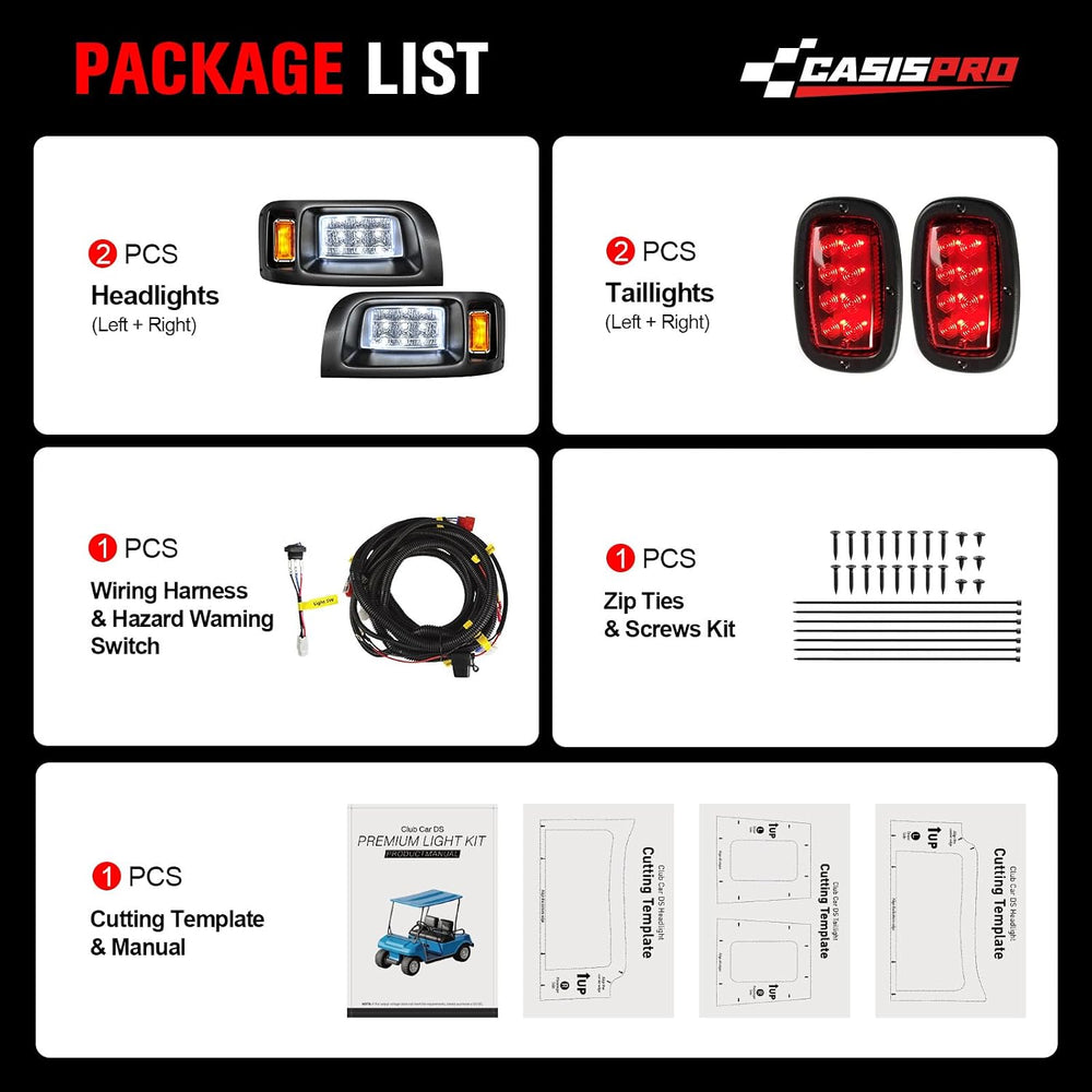 12V Golf Cart Light Kit for Club Car DS 1993-UP, Street Legal LED Headlight T...