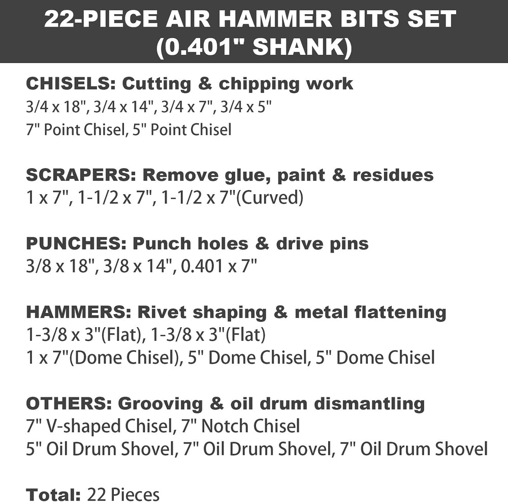 22‑Piece Air Hammer Bits Set,0.401 Inch Shank Pneumatic Chisel Bits Kit,Cr-Mo...