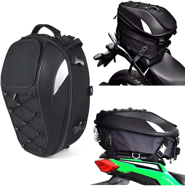 Motorcycle Tail Bag,Waterproof Seat Bag,Dual Use Backpack With Cargo Net | Expandable Helmet Bag with Rain Cover & Shoulder Strap, Multifunctional Storage Saddle Bag, Motorbike Luggage Tail Pack
