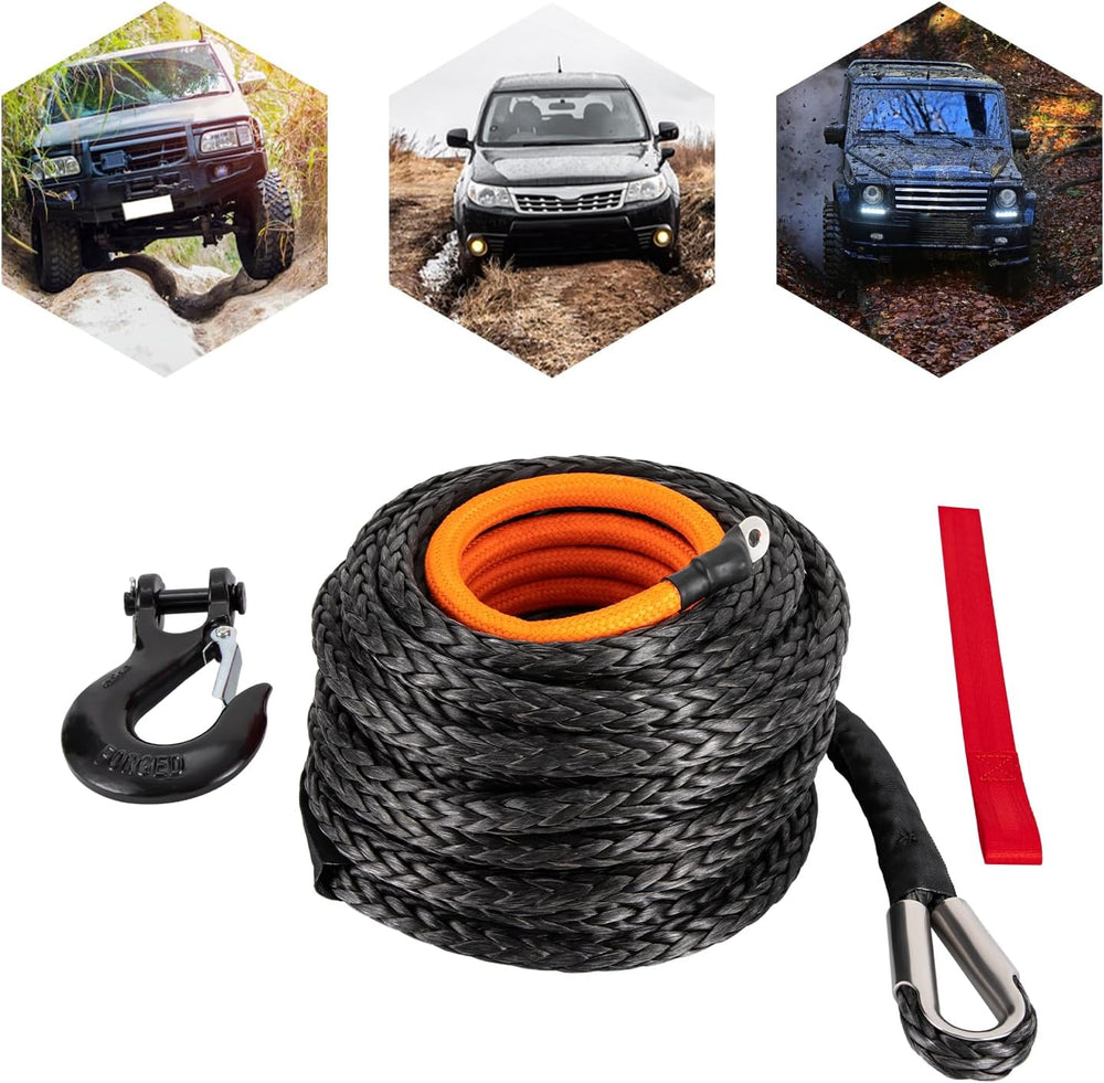 9/16" x76' Synthetic Winch Rope with Hook, Winch Cable with Protecti...