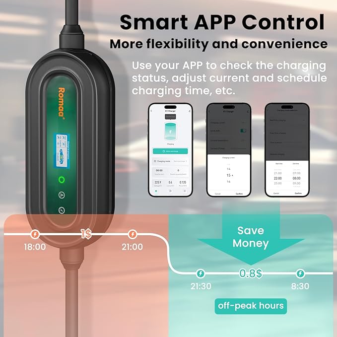 Level 2 EV Charger w/App Control: 32A 240V 7.68kW Fast Charging, NEMA 14-50