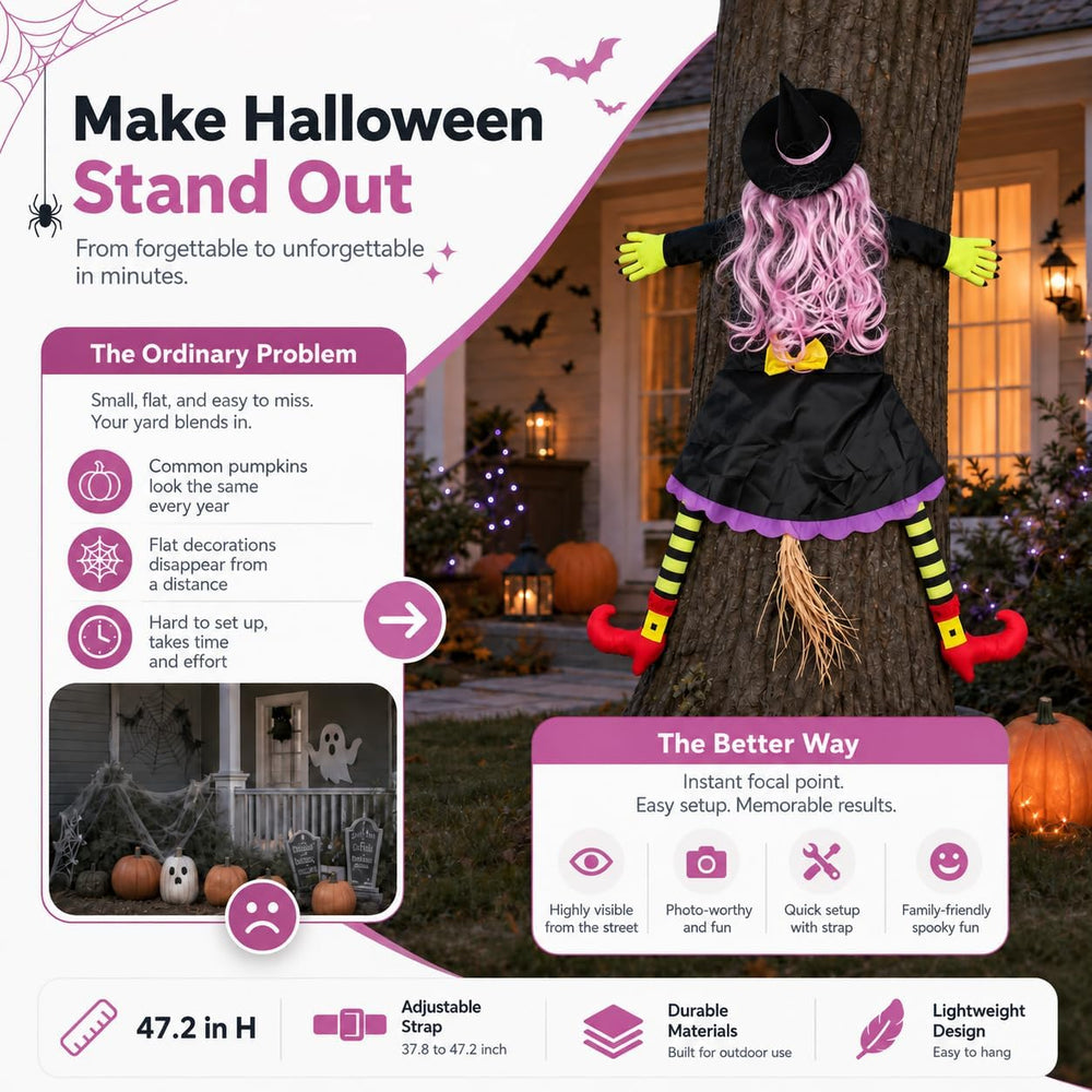 Halloween Decoration Outdoor, Tree Hugging Witch with Pink Hair