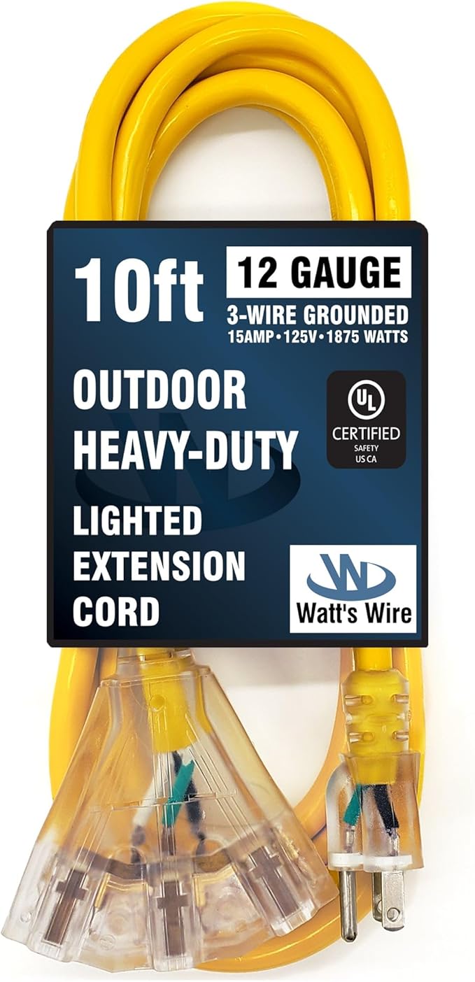 10 ft - 12 Gauge Heavy Duty Extension Cord - 3 Outlet Lighted SJTW -