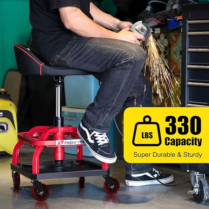 Rolling Stool with Red Wheels, Heavy Duty Garage Work Mechanic Rolling Shop