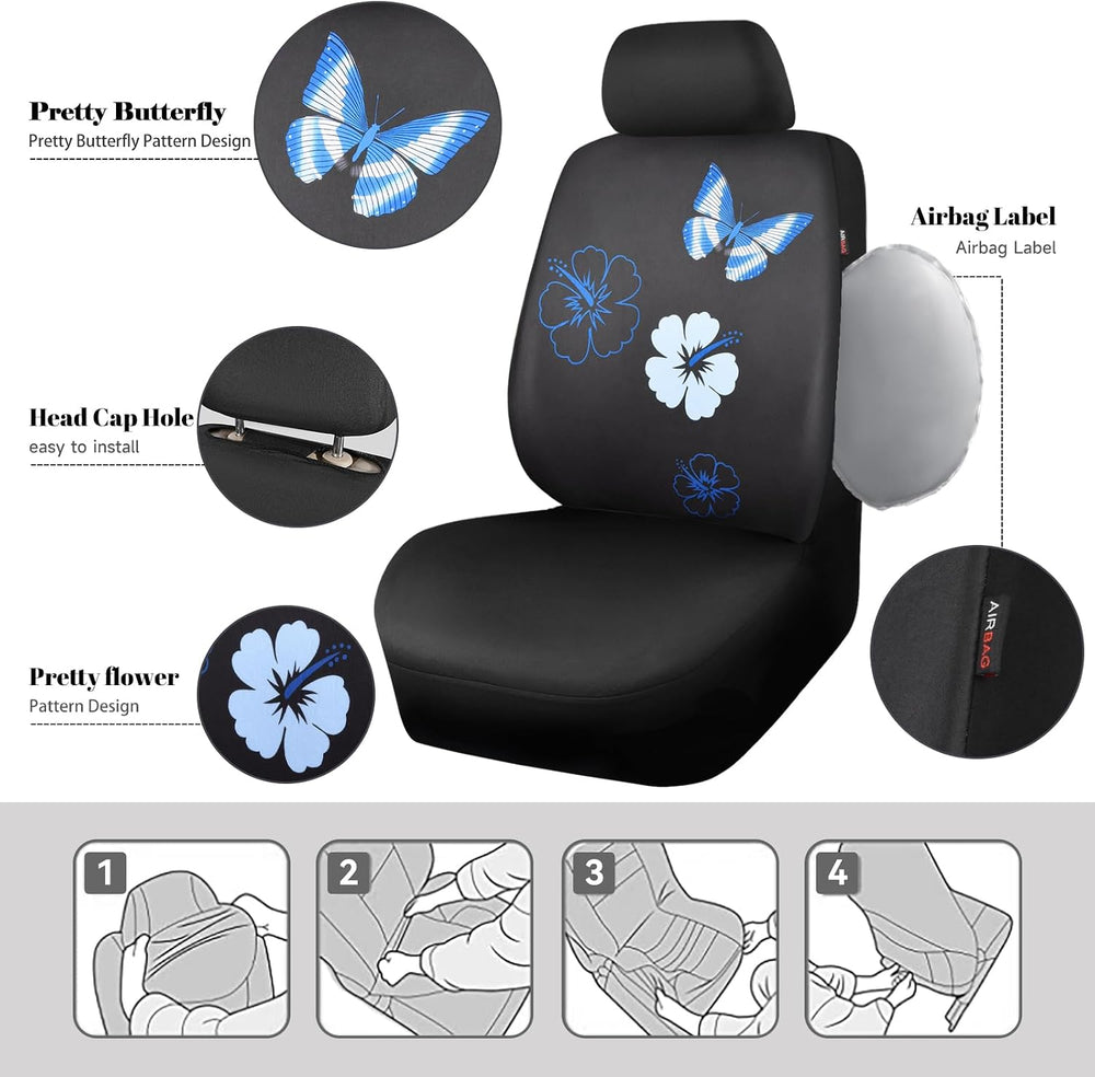 CAR PASS Blue Butterfly Car Seat Covers Full Set, Embroidered Flower Waterpro...