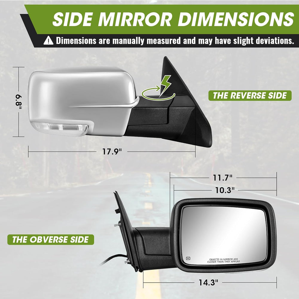 Chrome Power Folding Side Mirrors for Dodge Ram - Heated Tow Mirrors with Tur...