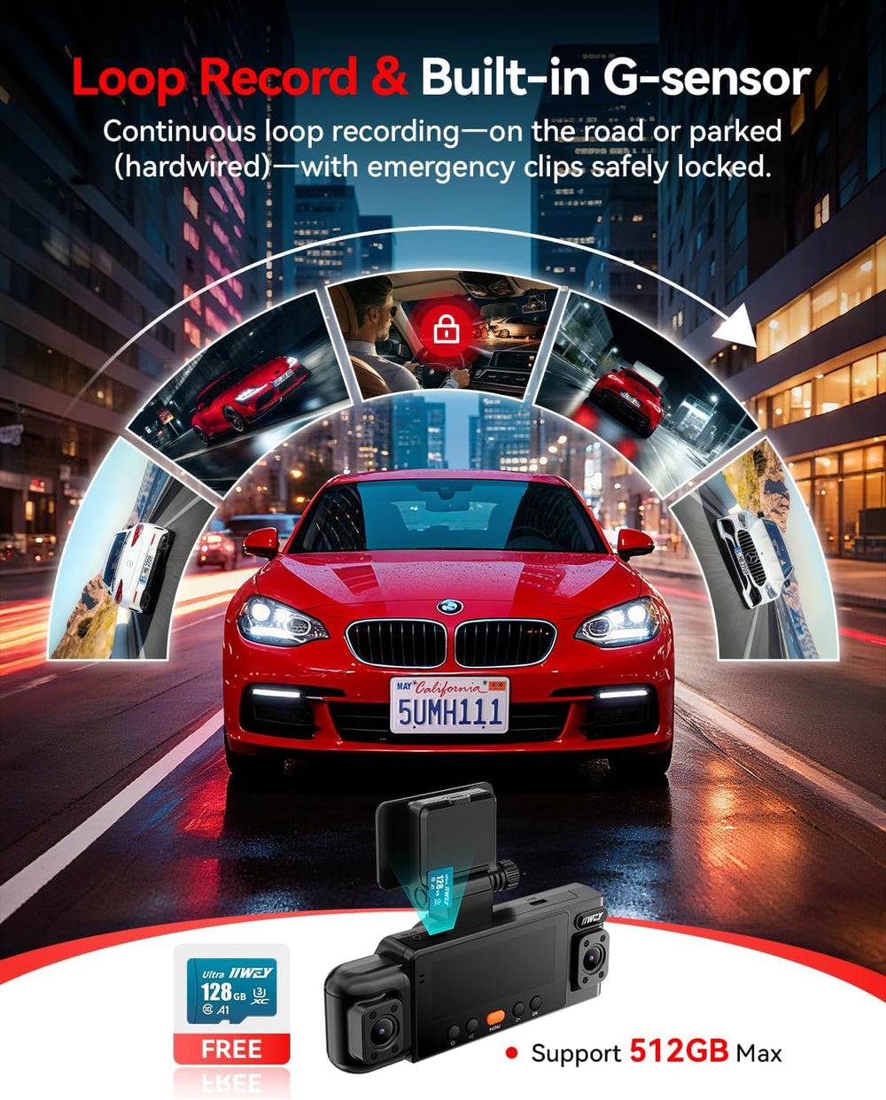 IIWEY N6 360° Dash Cam 4 Channel, Free 128GB Card, 8 IR Lights Night Vision
