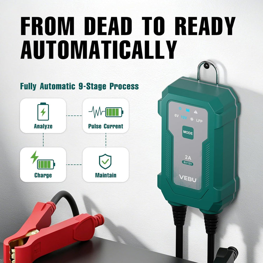 Smart 2A 6V/12V Battery Charger Maintainer - Auto Desulfator & Winter Mod...