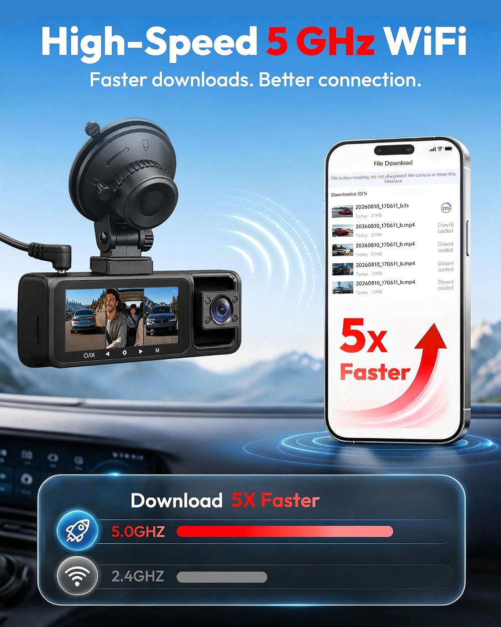 3 Channel 5G WiFi Dash Cam, 4K+1080P+1080P Dash Cam Front and Rear with 64GB ...