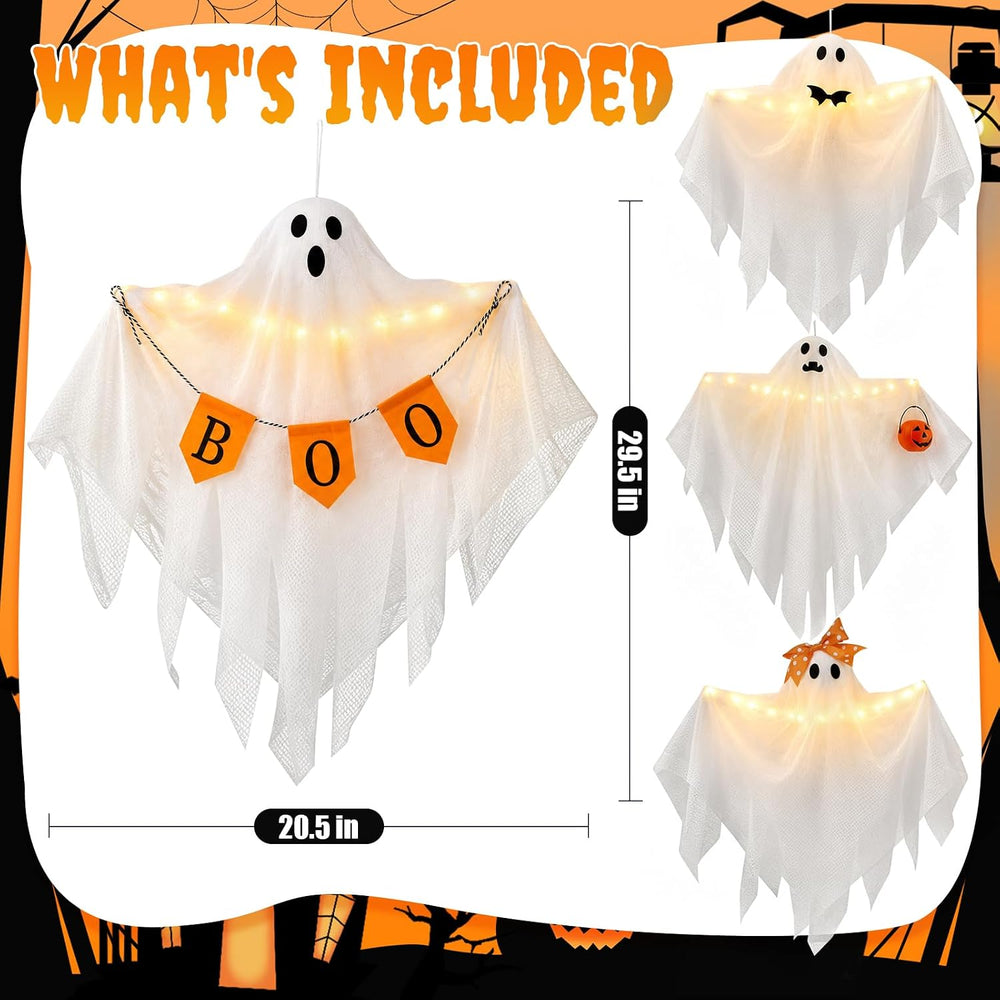 4 Pack Lighted Hanging Ghost Decorations with Timer for Halloween Decor