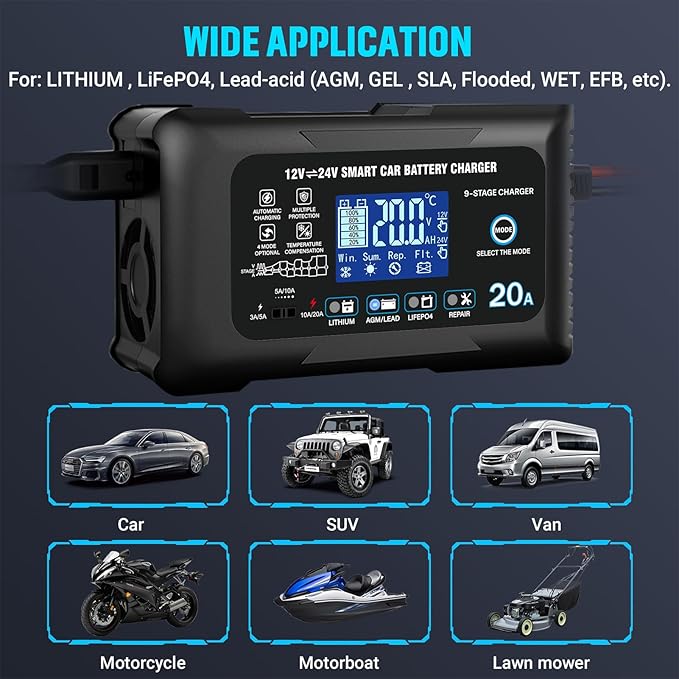 Battery Charger 0-20A 12V/24V Lithium LiFePO4 Lead Acid Fully Automatic