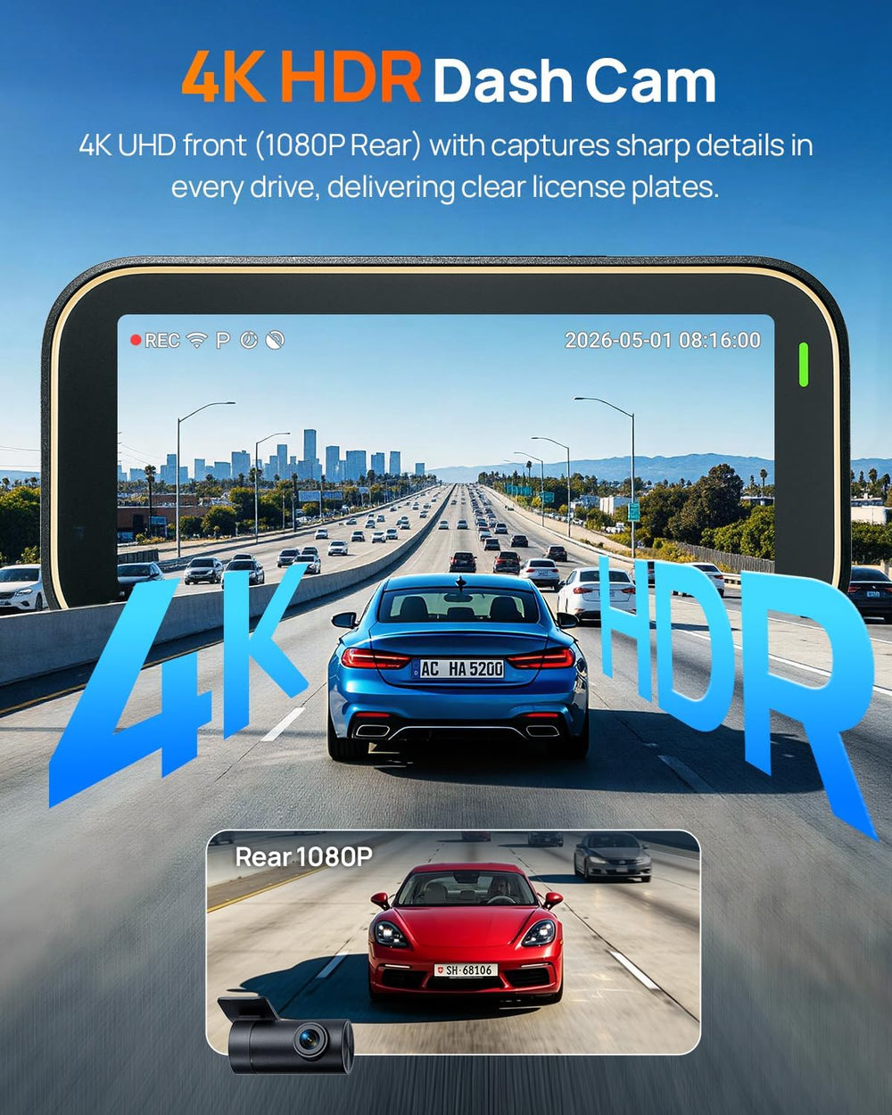 70mai A810 Lite 4K Dash Cam Front and Rear, 5GHz Wi-Fi 6 DashCam, Car Camera ...