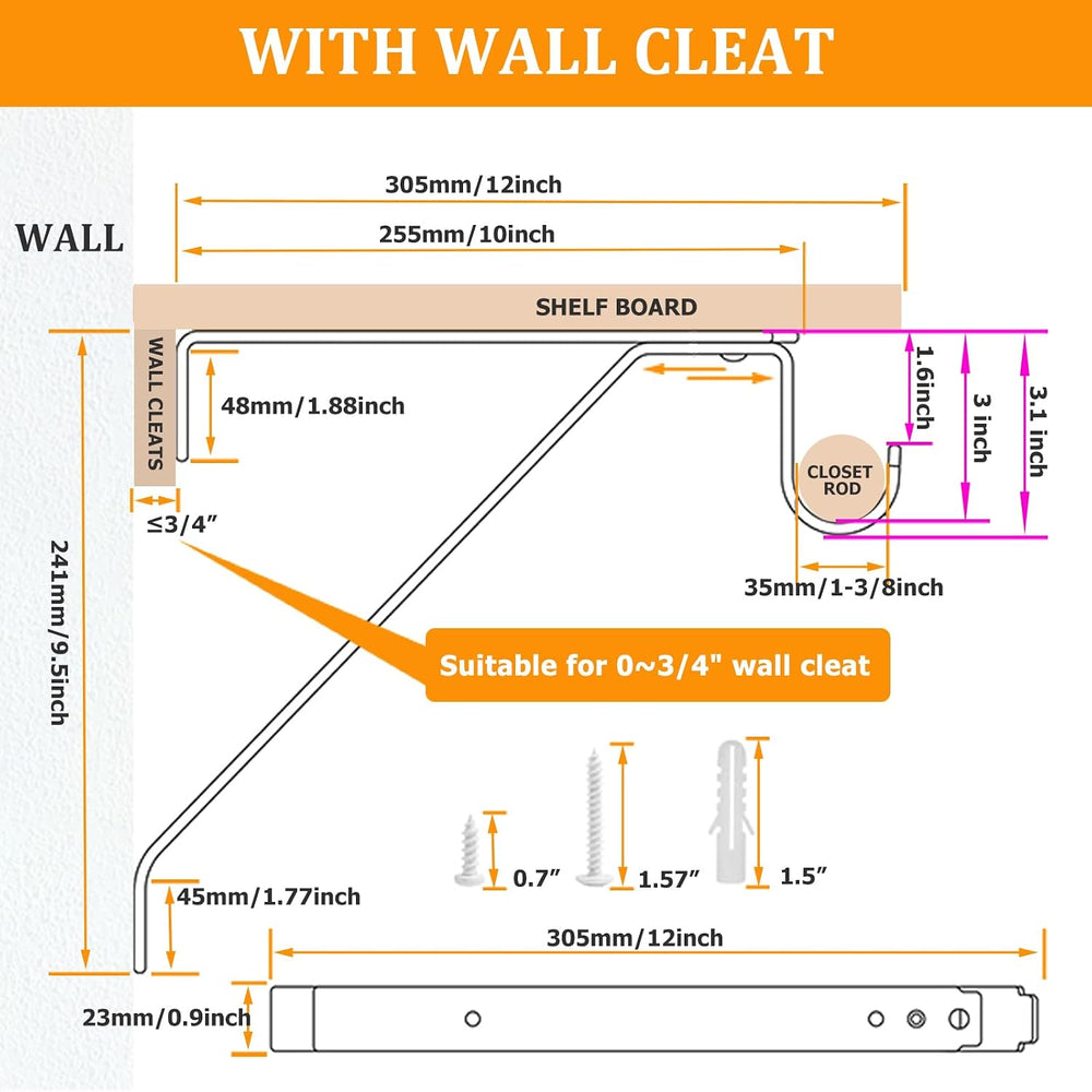 Heavy Duty Closet Rod Bracket, Adjustable Closet Shelf & Rod Brackets for...