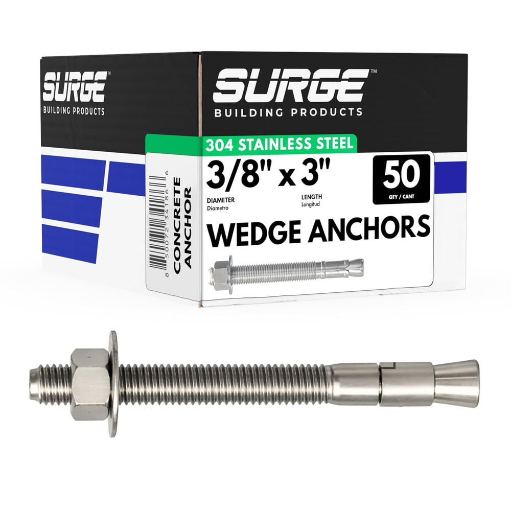 3/8" X 3" 304 Stainless Steel Wedge Anchors for Concrete (Box of 50)