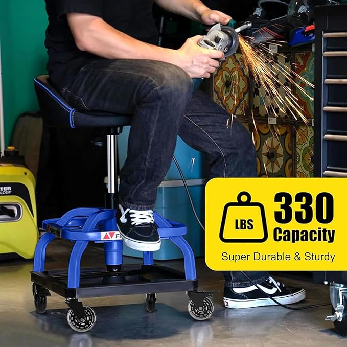 Rolling Shop Stool with Wheels, Garage Work Mechanic Stool with Backrest