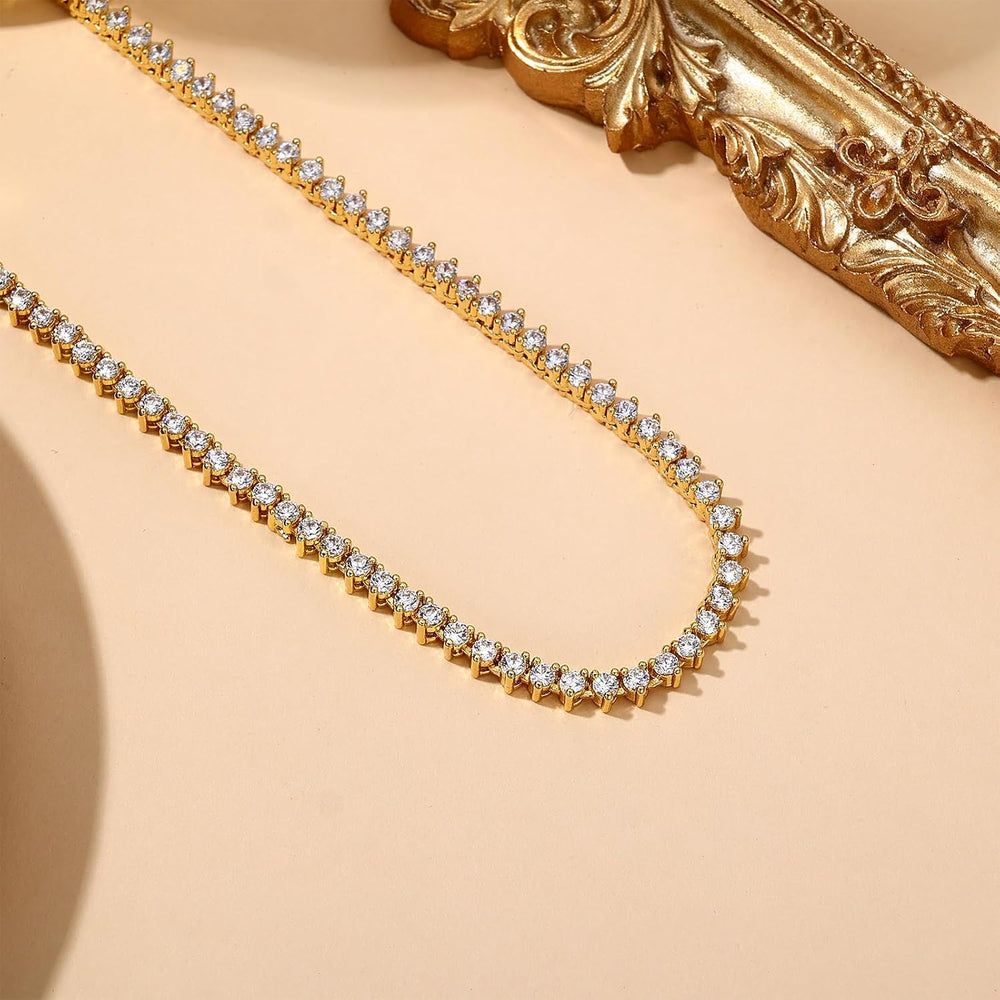 BREN 2mm Tennis Necklaces for Women Men, 3 Prong/Bezel Set 18K White/Yellow G...