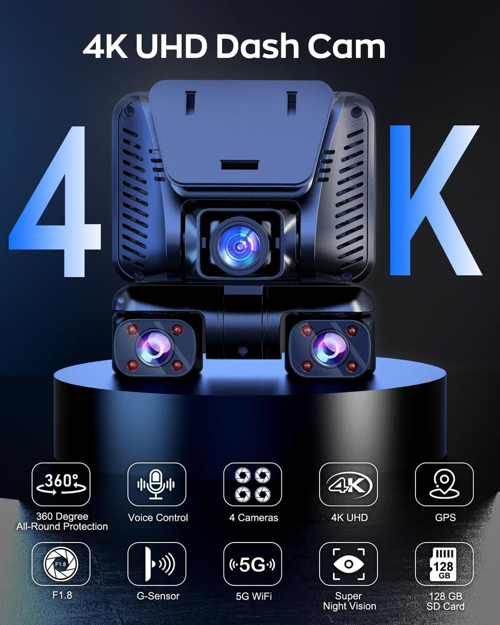 4K Dash Cam 360° View,4 Channel Front and Rear Dash Camera for Cars,Built-in ...