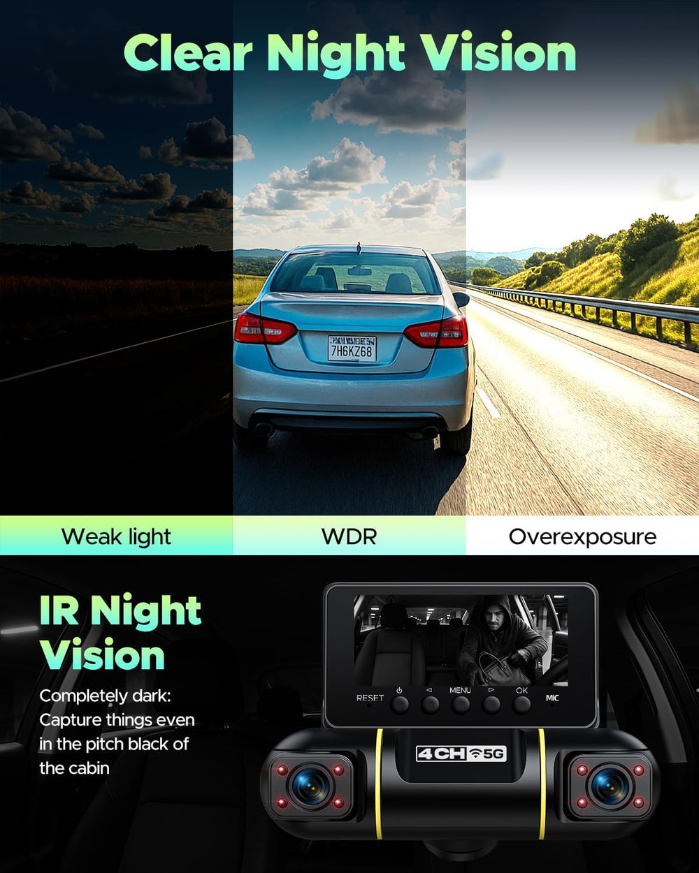 LAMTTO 4 Channel Dash Cam Front and Rear Inside,5GHz WiFi,128GB Card